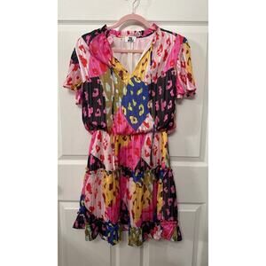 J Lee Chic Rose Leopard Print Multicolor Short Sleeve Dress, M
